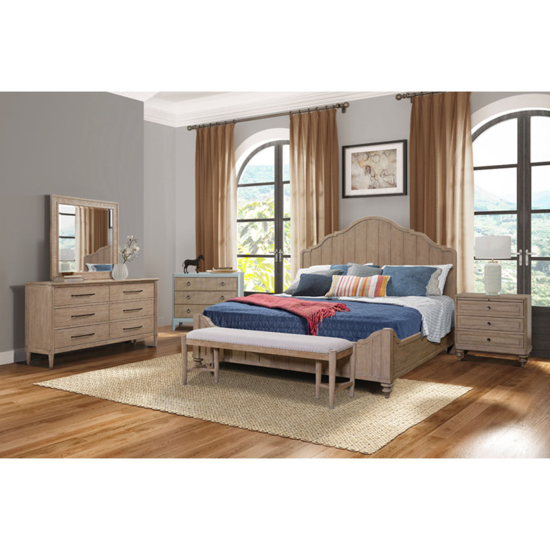  Ensemble de chambre à coucher à panneau avec table de chevet 3 tiroirs, commode décontractée, miroir canne, commode avant 3 tiroirs et banc
