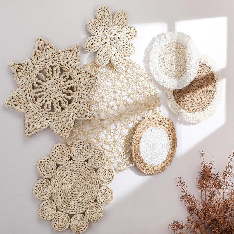Boho Rustic Rattan Wicker Wall Art Set, 7 Pieces