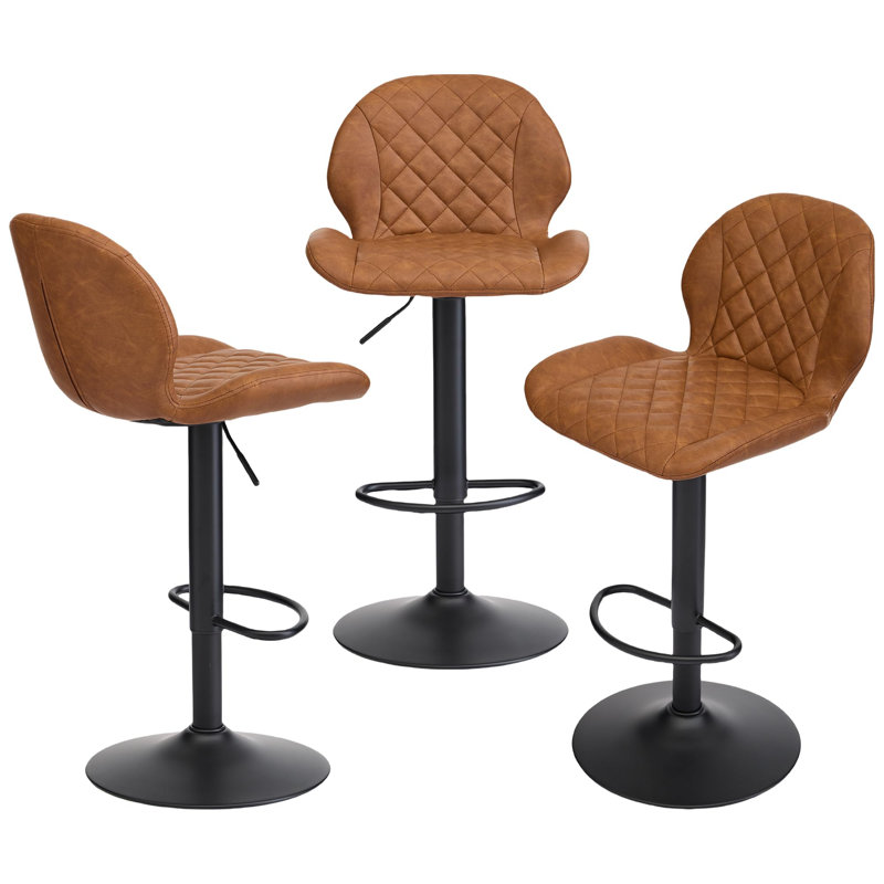 Adjustable Swivel 24"-33" Height Rhombus Faux Leather Bar Stools with Back for Kitchen Island, 3, Brown