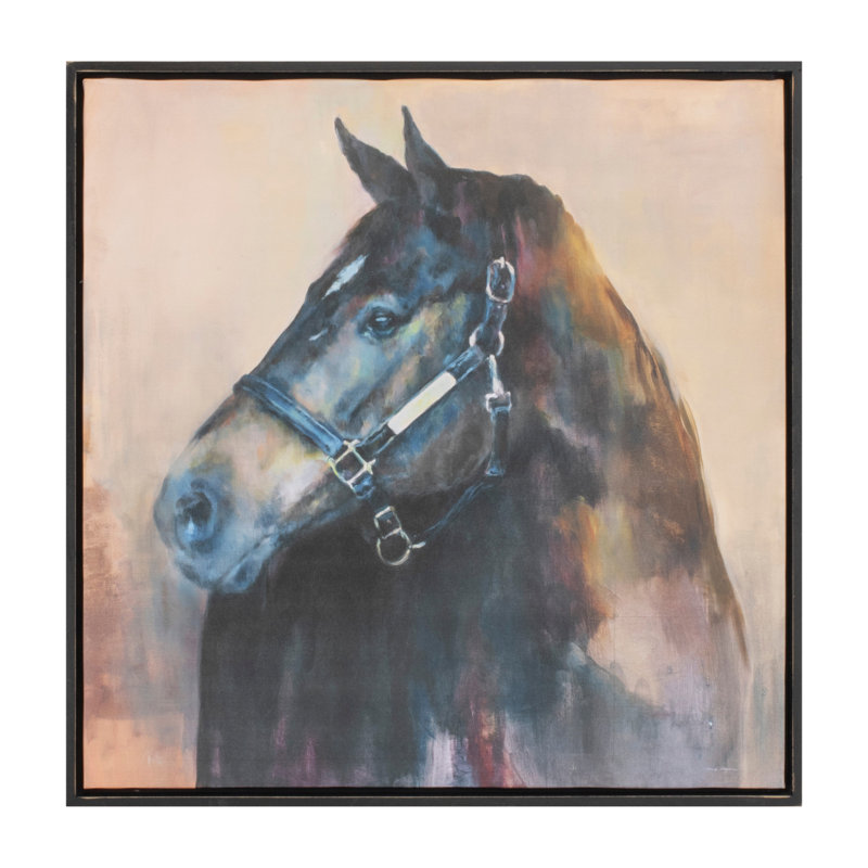 Elegant Black and Beige Horse Canvas Art with Fir Wood Frame