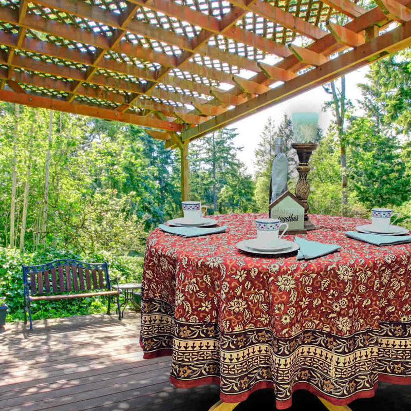 Floral Cotton Block Print Round Tablecloth, Round 72"