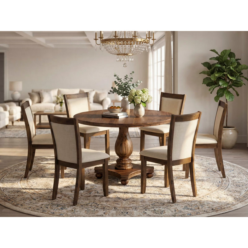 Ensemble de salle à manger 7 pièces - une belle table en bois et 6 belles chaises de salle à manger en tissu de lin beige clair avec dossier haut élégant (finition noyer antique sablé)