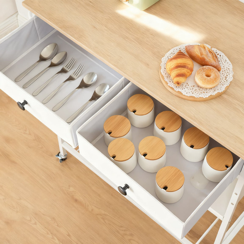 Chariot pour îlot de cuisine avec prise de courant, 2 tiroirs, porte-bouteilles et roues verrouillables - Armoire de rangement mobile avec station de recharge pour café et micro-ondes