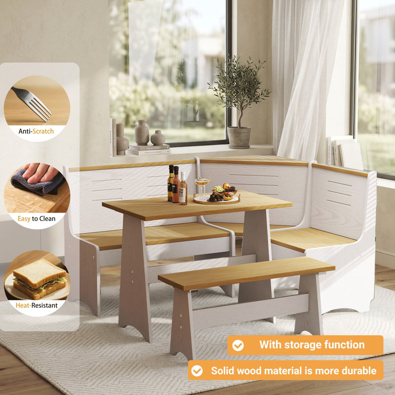 Berna 3-Piece Solid Pine Wood Corner Dining Set with L-Shaped Bench, Space-Saving Breakfast Nook Table Set for Kitchen, Dining Room, Café, Seats Up to 5