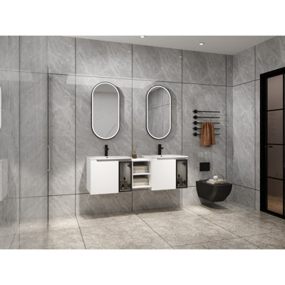 Modern Wall-mounted Bathroom Vanities, Glossy White Cabinet With Ceramic Sink