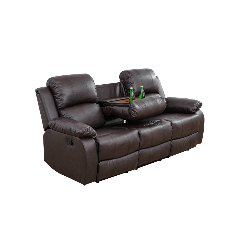 Zeno Brown Semi Pu & Pvc Manual Reclining Living Room Sofa  With Flip-Down Table And Cup Holders, Dark Brown