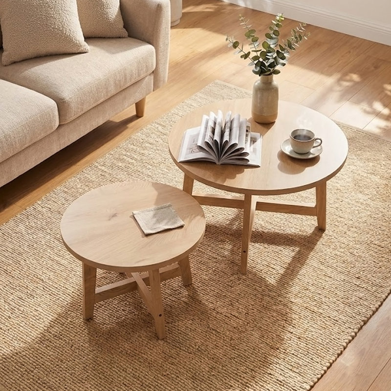Ensemble de 2 tables basses rondes gigognes, Bois naturel
