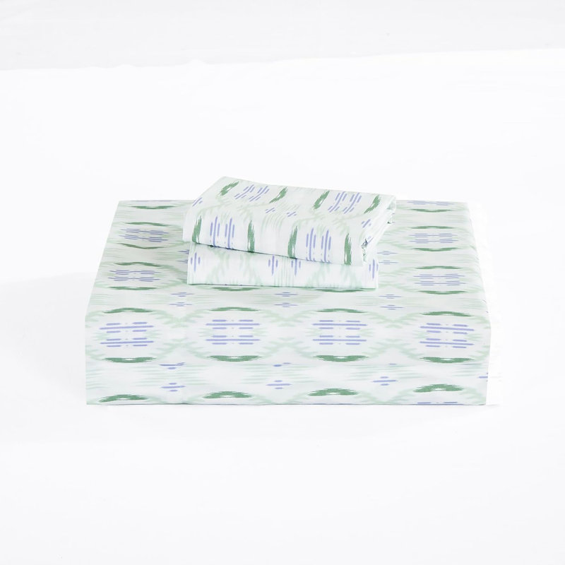 Cabin Lodge Geometric Printed Microfiber Bed Sheet Set, White/Green/Purple Geometric, Queen Sheet Set with 2 Pillowcases