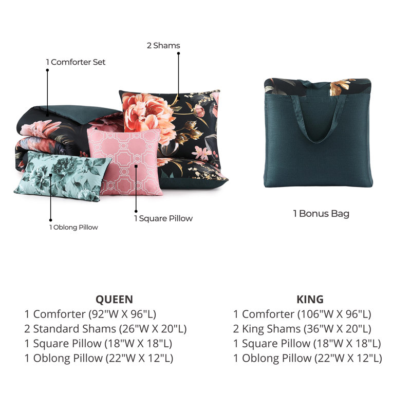 Queen Black Cotton Reversible Botanical Comforter Set