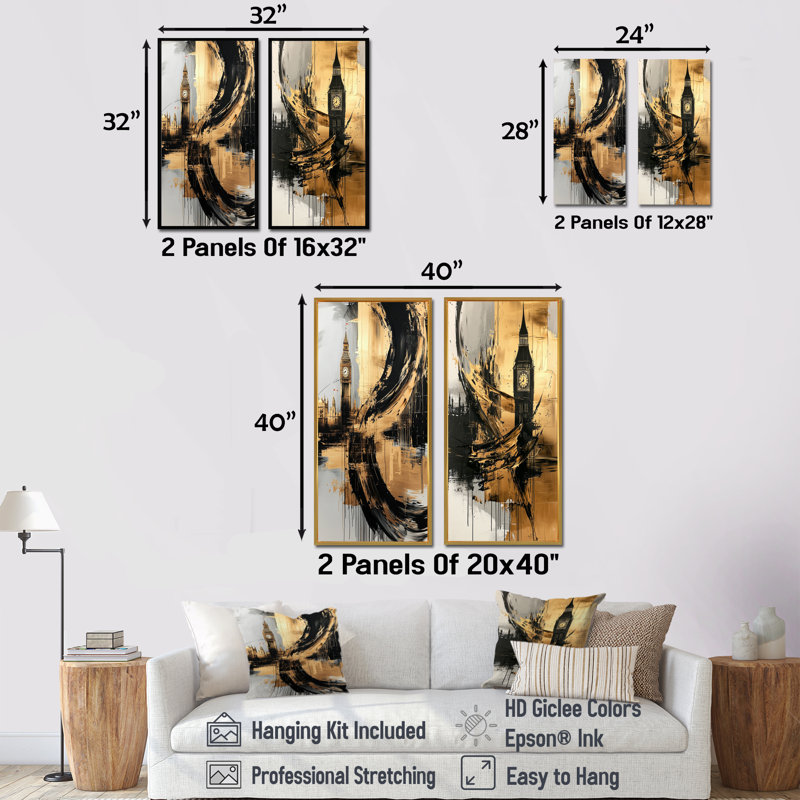 Big Ben Glow In England III - Collection d'art mural 2 panneaux, H 28 po x l 25 po, Impression encadrée flottante, Or