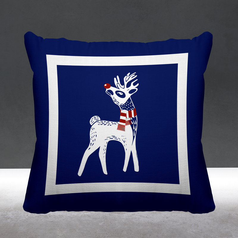 Coussin décoratif intérieur / extérieur Folk Christmas Reindeer, L 19 po x H 19 po, Bleu marine