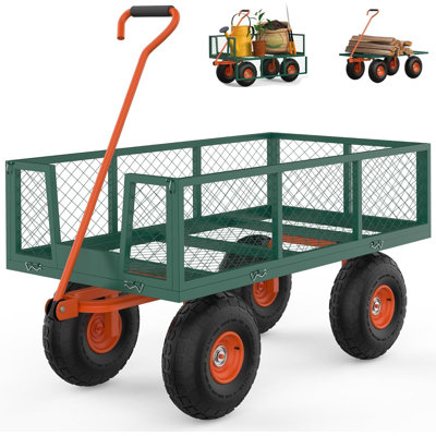 Chariot de jardin en acier, chariot de jardin en filet robuste 900 LBS / 1200LBS, chariots de chariot utilitaire avec côtés amovibles et pneus de 10 po pour la cour, la pelouse et le jardin