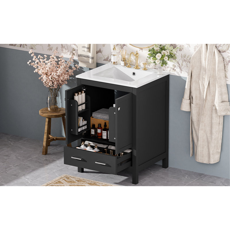 Meuble-lavabo de 24 pouces avec lavabo encastré intégré et armoire de rangement avec 2 portes et 1 tiroir. Comprend une tablette de porte à double couche, une conception à fermeture douce et des solutions de rangement polyvalentes