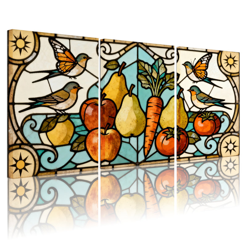 Ensemble de 3 impressions sur toile de style vitrail fruits et oiseaux, H 18 po x l 36 po