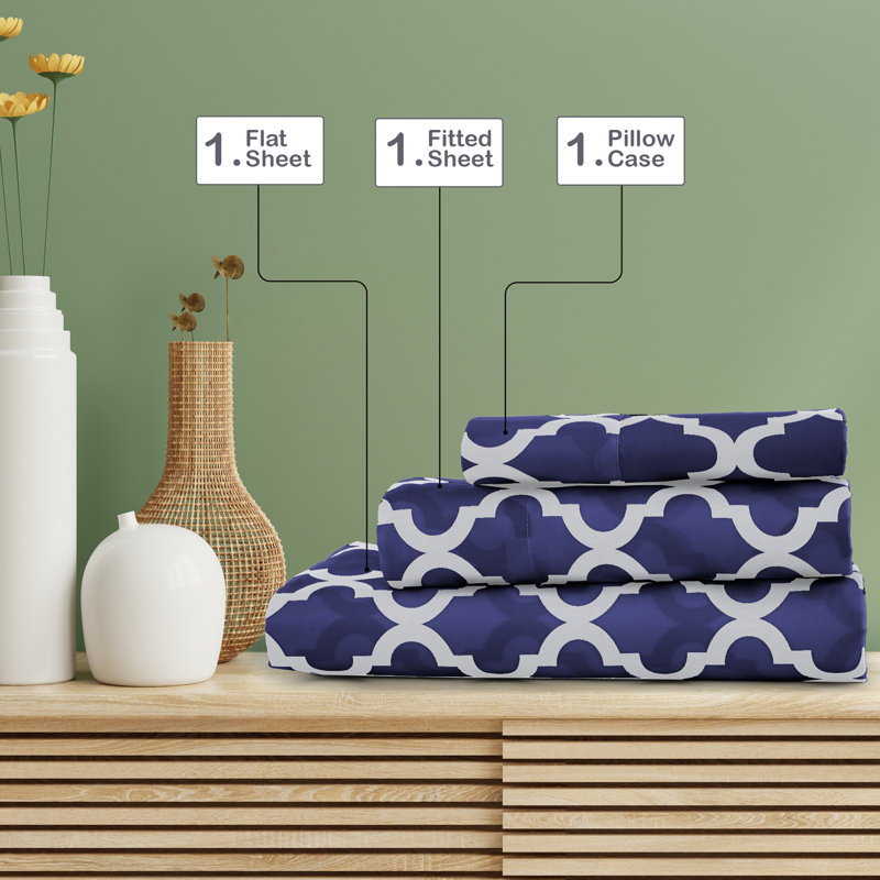Navy Blue Quatrefoil Print Twin XL Microfiber Sheet Set