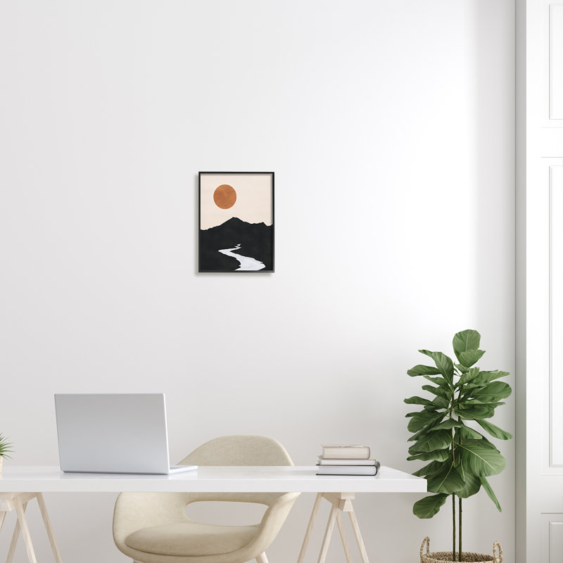 «Recrant Stream Into Distant Mountain Ochre Sun», cadre flottant, impression sur bois, Giclée encadrée noir minuit