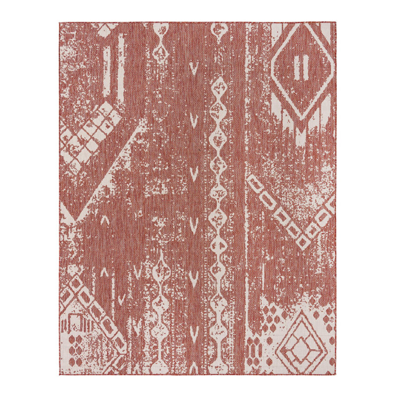 Loreen Geometric Machine Woven Rectangle Polypropylene Indoor / Outdoor Area Rug in Rust Red, Rectangle 7'10" x 10'