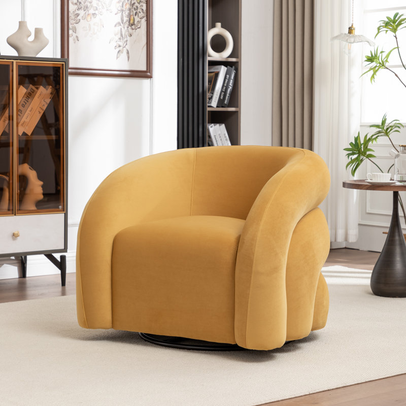Fauteuil demi-tonneau pivotant rembourré Coyle, Velours jaune, 1