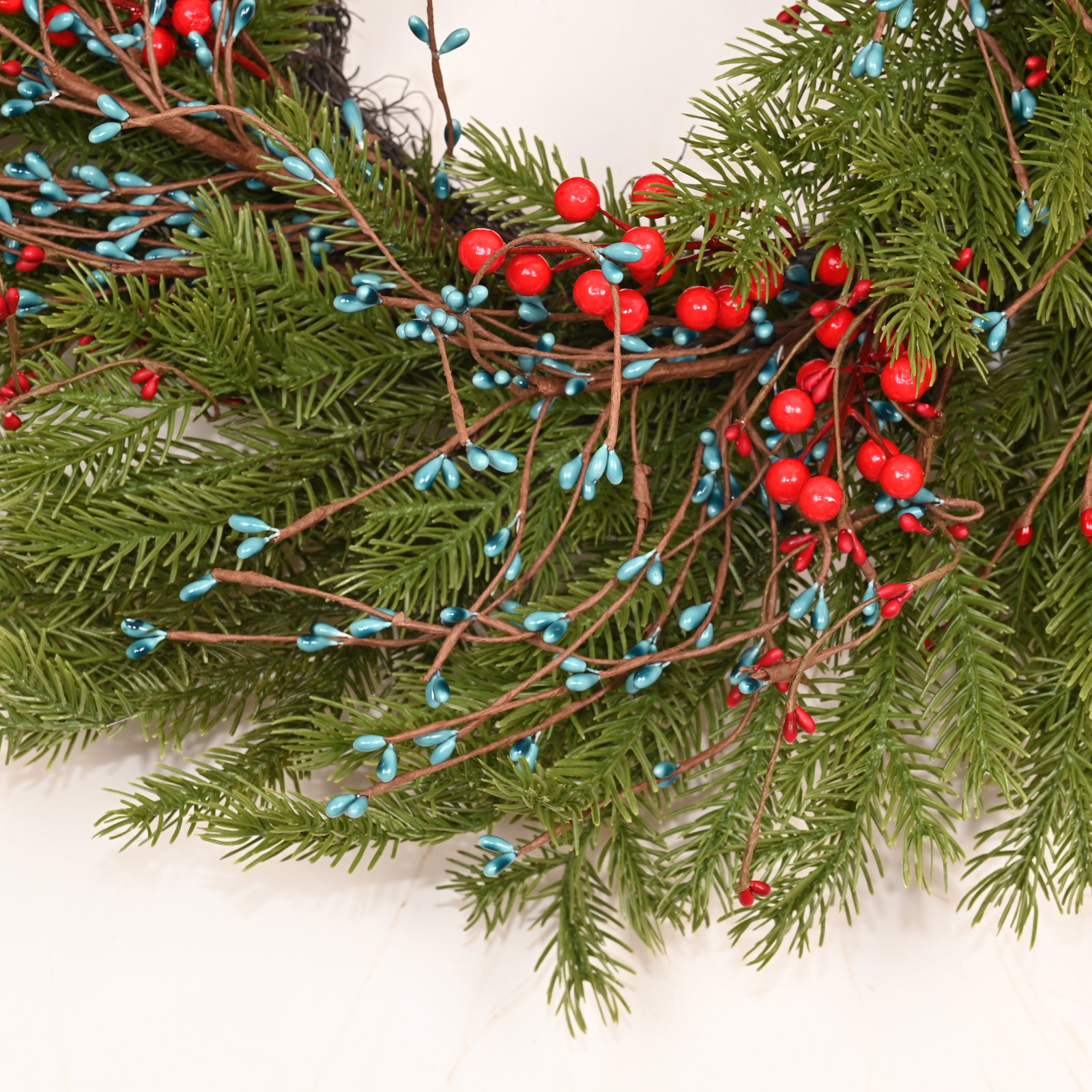 24" Handcrafted Frosted Pine Christmas Wreath, Green/Red/Blue