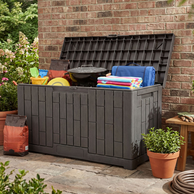 Edrosie Inc 60 Gallon Resin Waterproof Outdoor Deck Storage Box, Light Brown
