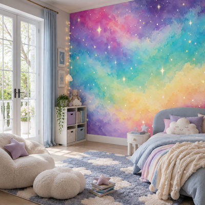 Papier peint mural effet aquarelle à motifs de nuages ​​galaxie pastel