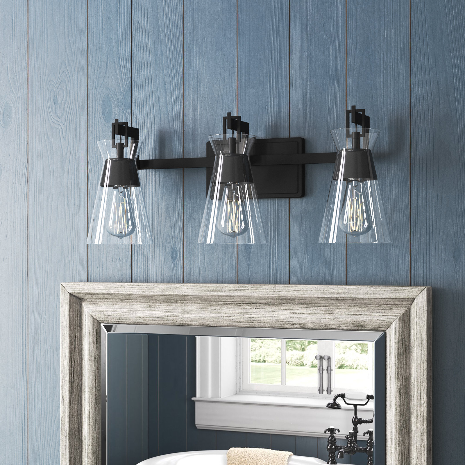 Kesia Bath Sconce, Black, 3 Lights, 9.5" H x 24" W x 24" D