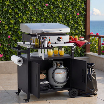 Îlot de cuisine avec chariot de rangement pour l'extérieur avec armoire de rangement, table pliable, roulettes, plateau en acier inoxydable, crochets, support à épices et couvercle imperméable