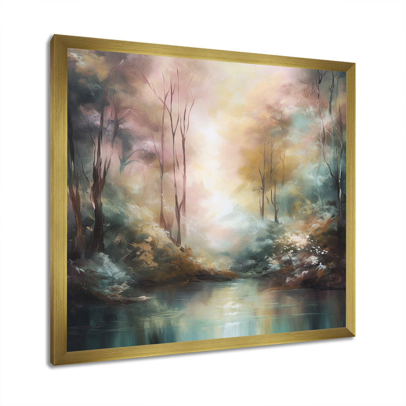 «Whimsical Stream - Mountains», art mural, 44" H x 44" W, Cadre flottant doré