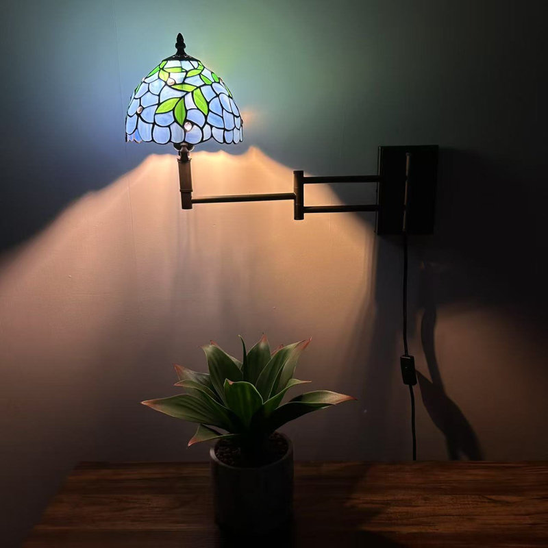 Tiffany Sconce Lamp Plug in Swing Arm Stained Glass Green Leaves LED Bulb Included 13”W*8”D*15”H, Blue