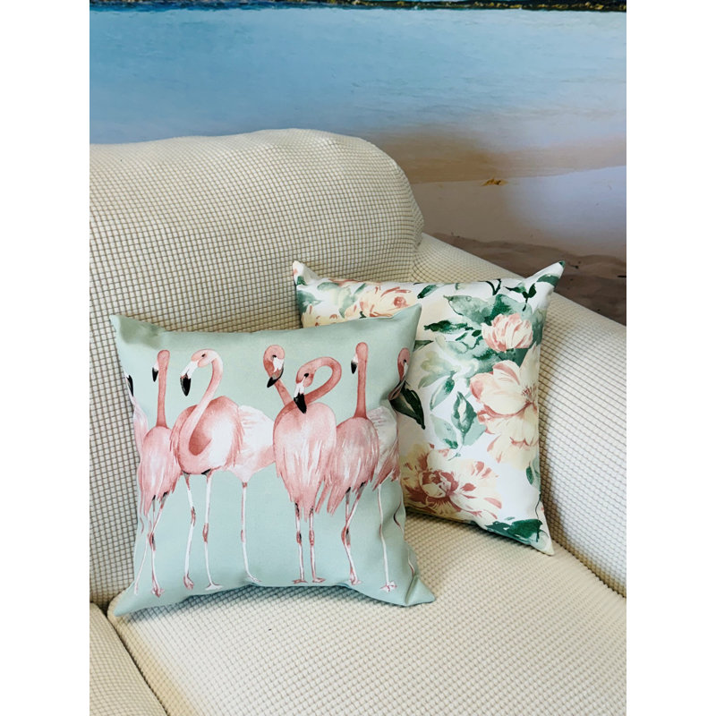 Green and Pink Flamingo Outdoor Square Pillow 16x16