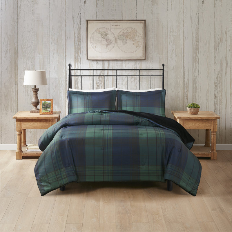Full Green Plaid Faux Fur Down Alternative Comforter Set