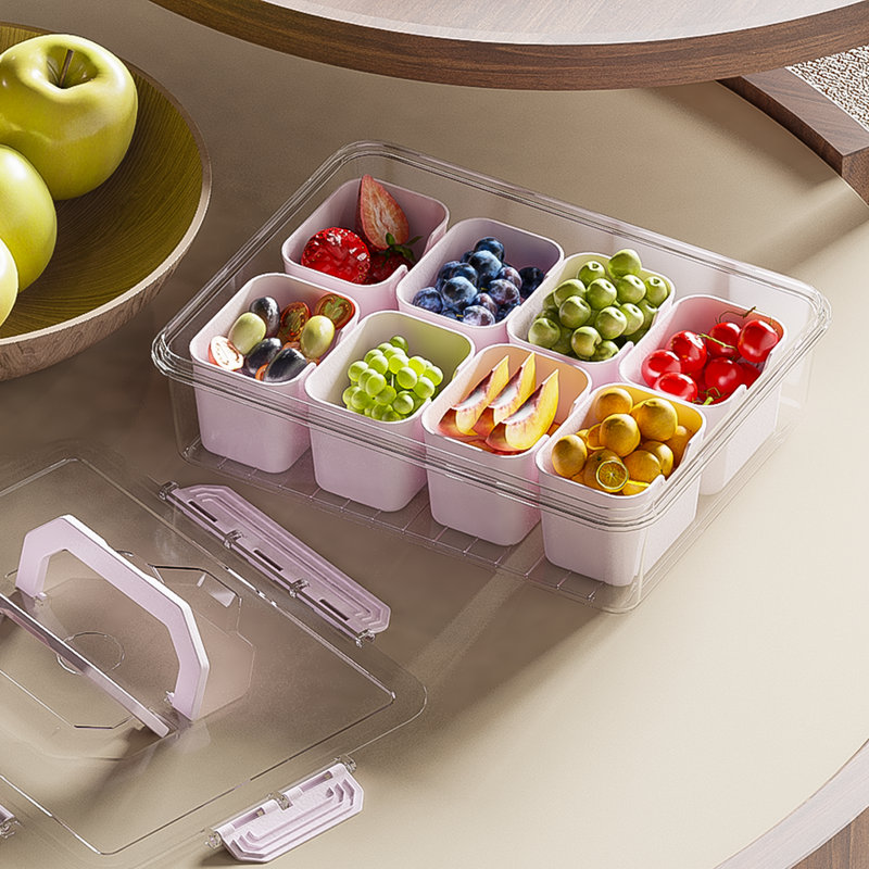 LLMRR 8 Compartments Snackle Box Container, Divided Serving Tray with Lid and Handle, Portable Clear Snackle Box, Snack Box & Fruit Tray for Road Travel, Party, Veggie, Fruit, Candy, 2 Pack, Pink