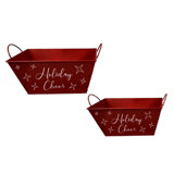 Set Of 2 Red Rectangular Metal With Holiday Cheer And Stars Pattern Baskets
