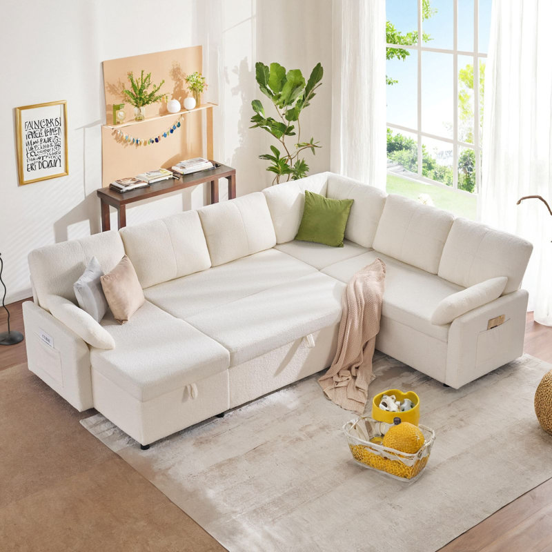 112 Inch Pull Out Sofa Couch, Cozy Sofa Bed With Storage Chaise & 3 Seater, Oversized U Shape Sleeper With Pull Out Bed For Living Room