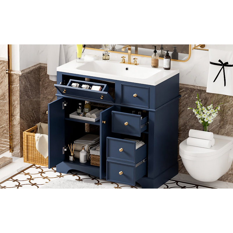 Meuble-lavabo bleu 36 po - Lavabo en résine et structure en bois massif 3 tiroirs