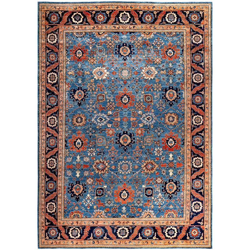 Tapis unique noué à la main Raffin - bleu, 9 pi 10 po x 13 pi 9 po Raffin