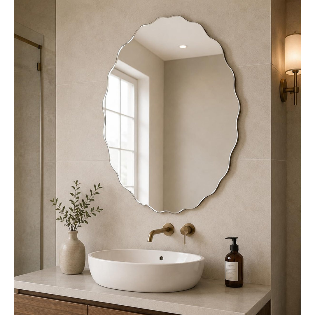 B&Q - Frameless Asymmetric Wall Mounted Mirror Bevelled Edge Zig Zag Border Oval Shape Silver Finish Bathroom/living Room 40X60Cm - Image 3