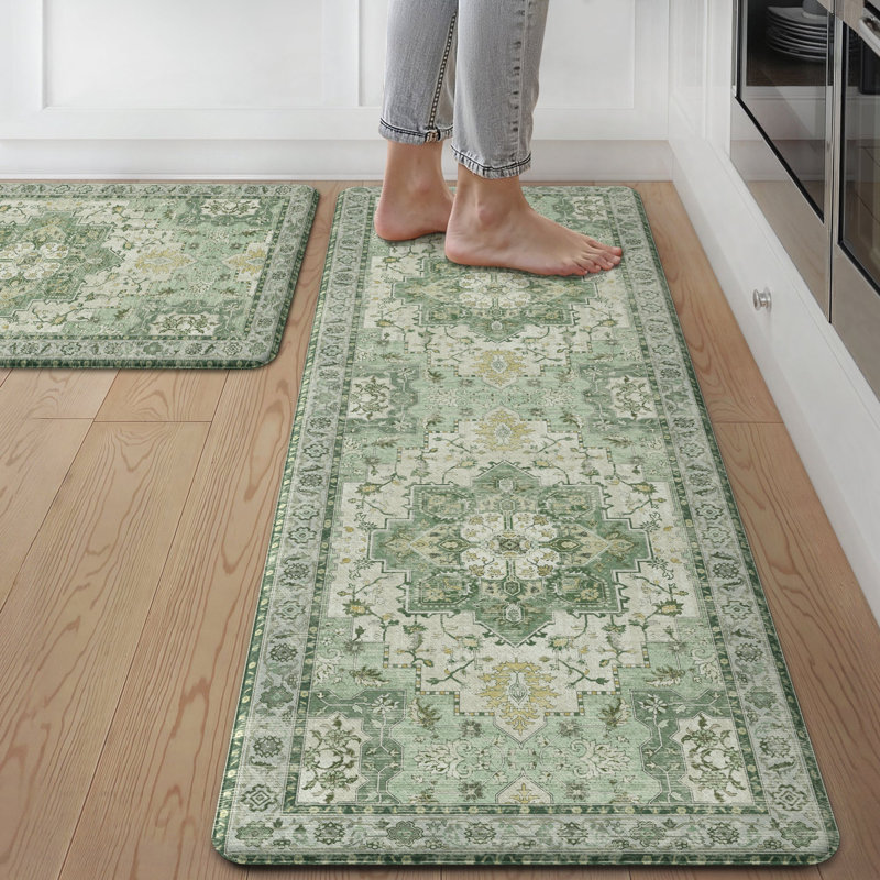 Polyester Anti-Fatigue Non-Skid Kitchen Mat, Green/Beige, Runner 44cm x 150cm