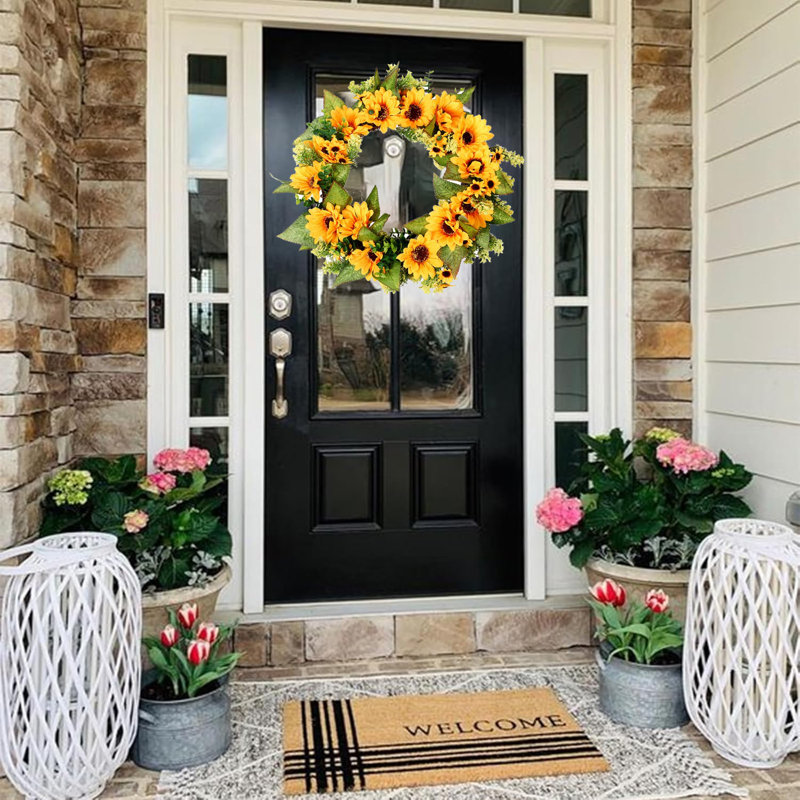 Couronne de tournesol 17,72 "pour la porte d'entrée - Couronne florale artificielle d'été luxuriante, décoration de bricolage pour mur, maison, mariage, fête, Noël (jaune)