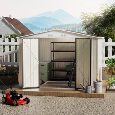 10x8 Feet Outdoor Garden Shed, Cream White With Aluminum Alloy Frame, Hinge Door, Foundation And Ventilation Holes For Large Tools Storage Shed In White, Tool Door