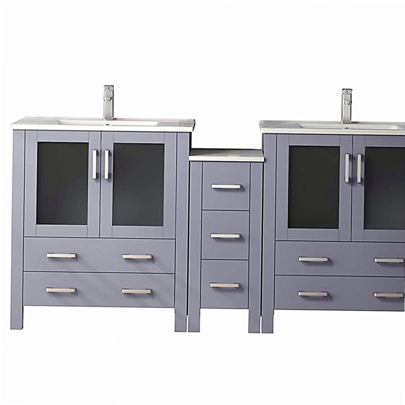 Meuble-lavabo double avec armoire latérale, comptoir en céramique et robinet, 72"