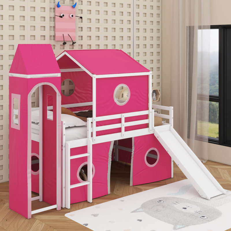 Lit mezzanine double avec tente coulissante et tour, Rose