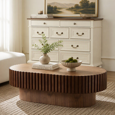 43,70 pouces Modern Handcraft Table basse tambour Table ovale pour le salon, petite table basse en bois avec piédestal robuste pour le bureau, noyer