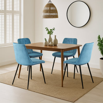 Solid Wood Walnut Effect Dining Table With 4 Simsbury Luxury Velvet Upholstered Dining Chairs