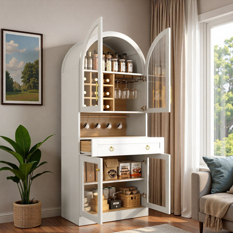 Armoire de bar Mid-Century arquée avec tablette réglable, grand tiroir, 5 crochets, 9 supports à vin, 3 porte-verres et portes en verre trempé
