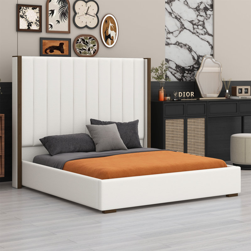 Tall Headboard Upholstered Bed With Vertical Striped And Wingback Design
