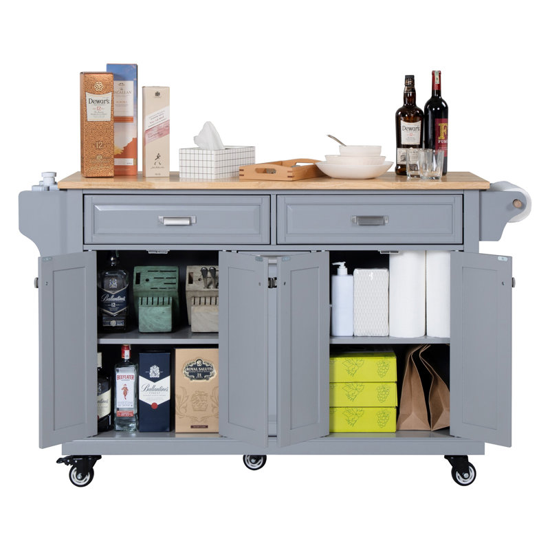 Kitchen Island With Rubber Wood Countertop, Gray