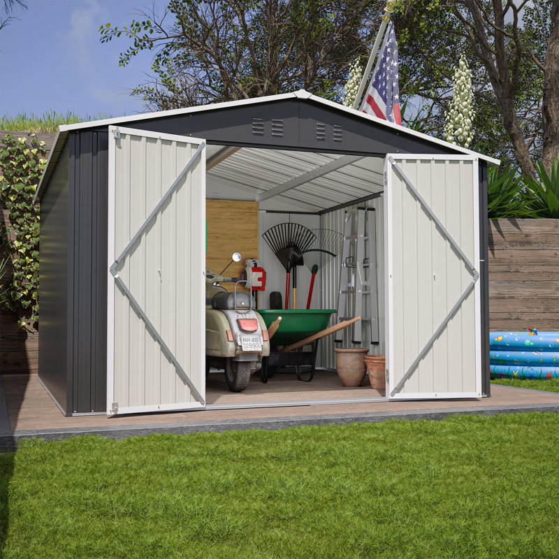 Outdoor Storage Shed 10X10 FT, Utility Metal Tool Storage With Lockable Doors And Updated Frame Structure, Large Metal Garden Shed