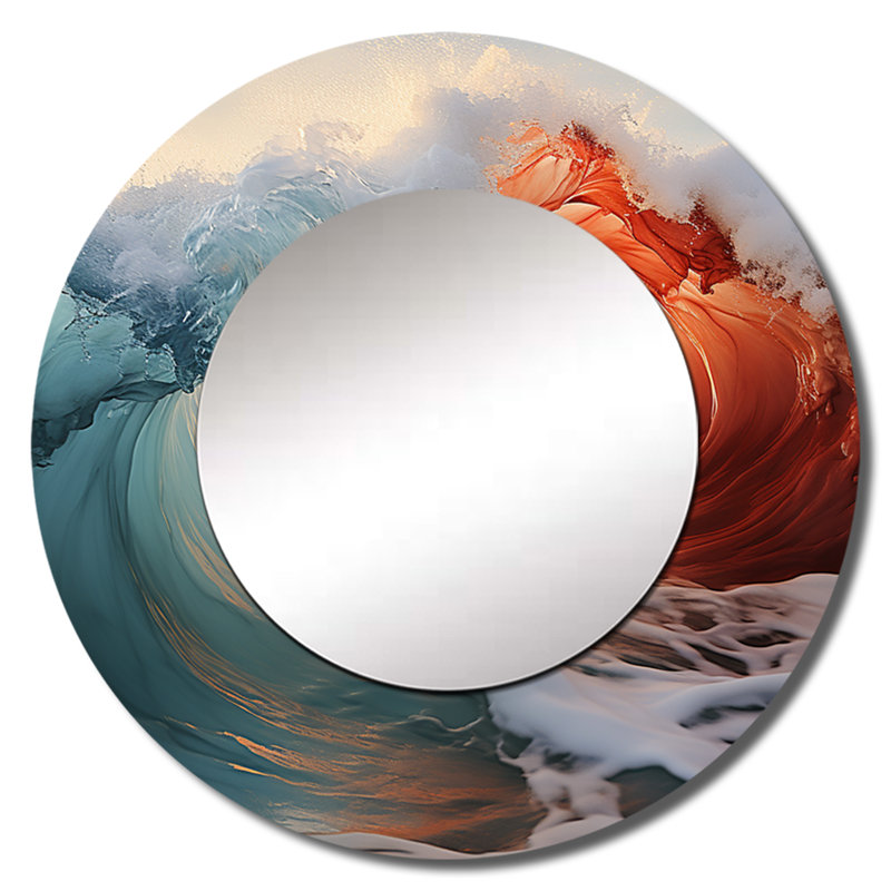 Vague verte rouge, merveille colorée - grand miroir de bord de mer, décor de miroir mural rond unique, impression sur métal