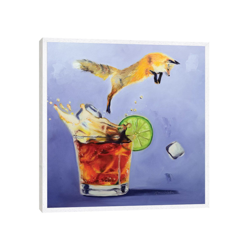 Fox On The Rocks by Karen Weber - Painting on Canvas, 45.72 cm H x 45.72 cm W, White Framed